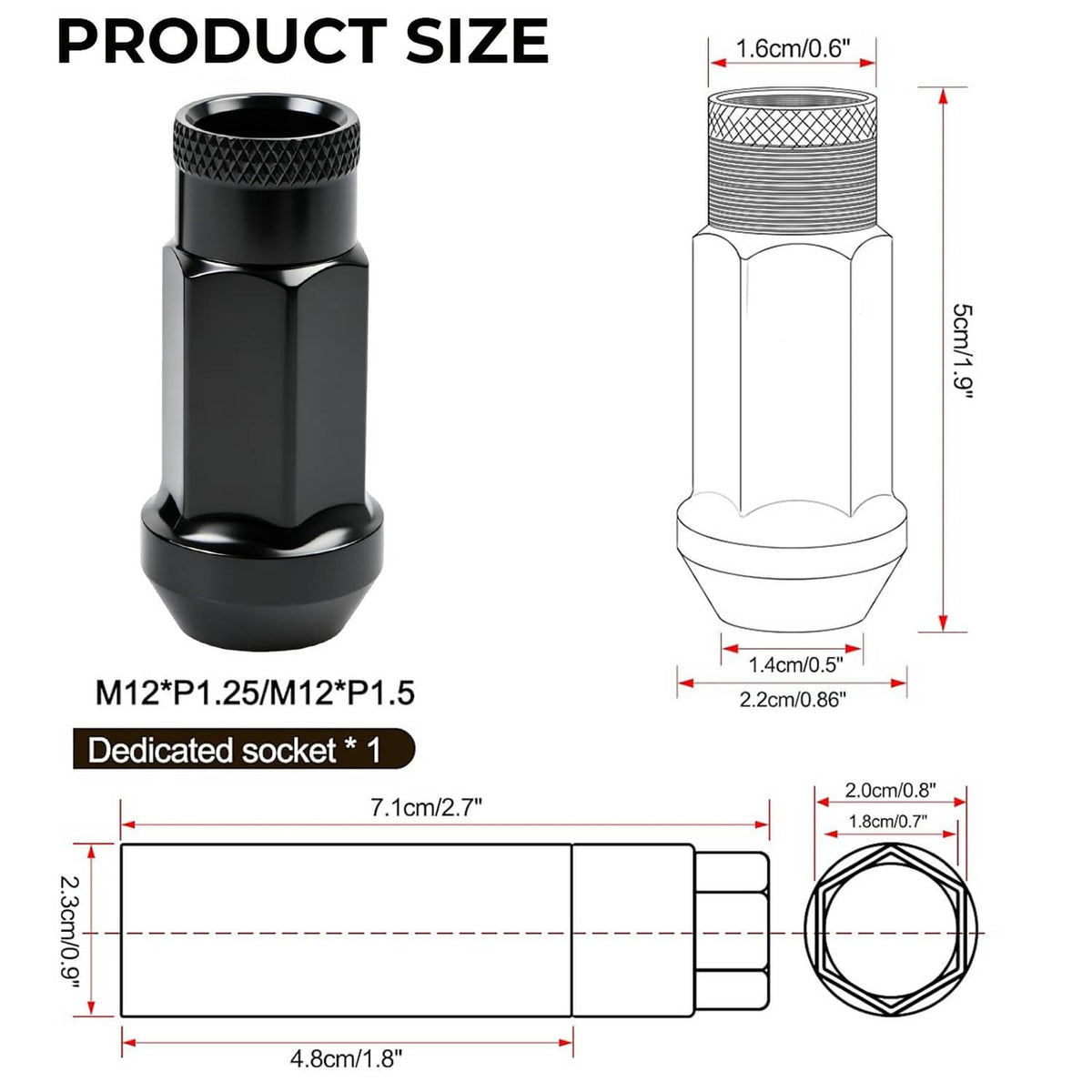 Bethesda Industrial 20Pcs M12x1.5mm Extended Steel Open Ended wheel Lug Nuts For Toyota Honda Black