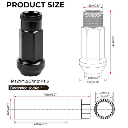 Bethesda Industrial 20Pcs M12x1.5mm Extended Steel Open Ended wheel Lug Nuts For Toyota Honda Black