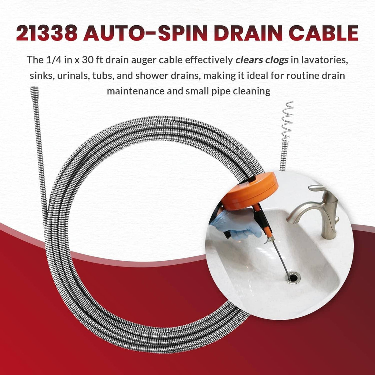 Bethesda Industrial 21338 Auto-Spin Replacement Drain Cable 1/4” x 30 ft Fit for RIDGID K-45