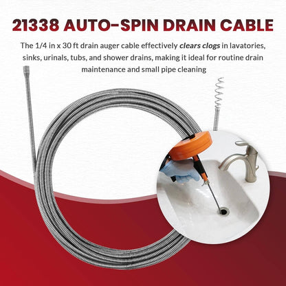Bethesda Industrial 21338 Auto-Spin Replacement Drain Cable 1/4” x 30 ft Fit for RIDGID K-45