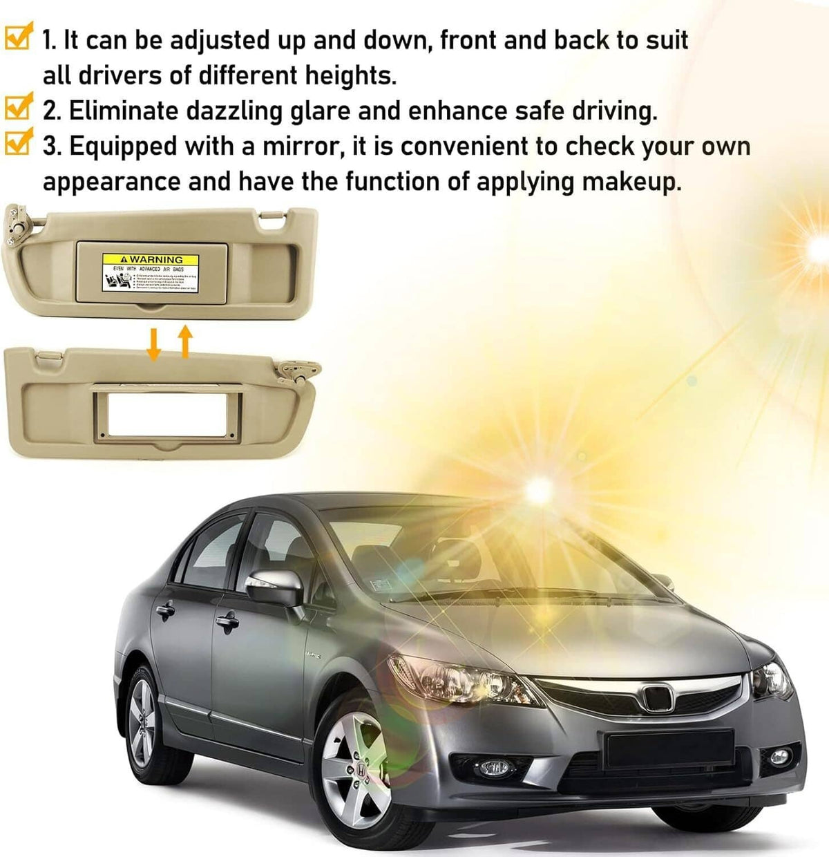 Bethesda Industrial 2Pcs Beige Sun Visor Left & Right Visor Kit For 2006-2011 Honda Civic Visors