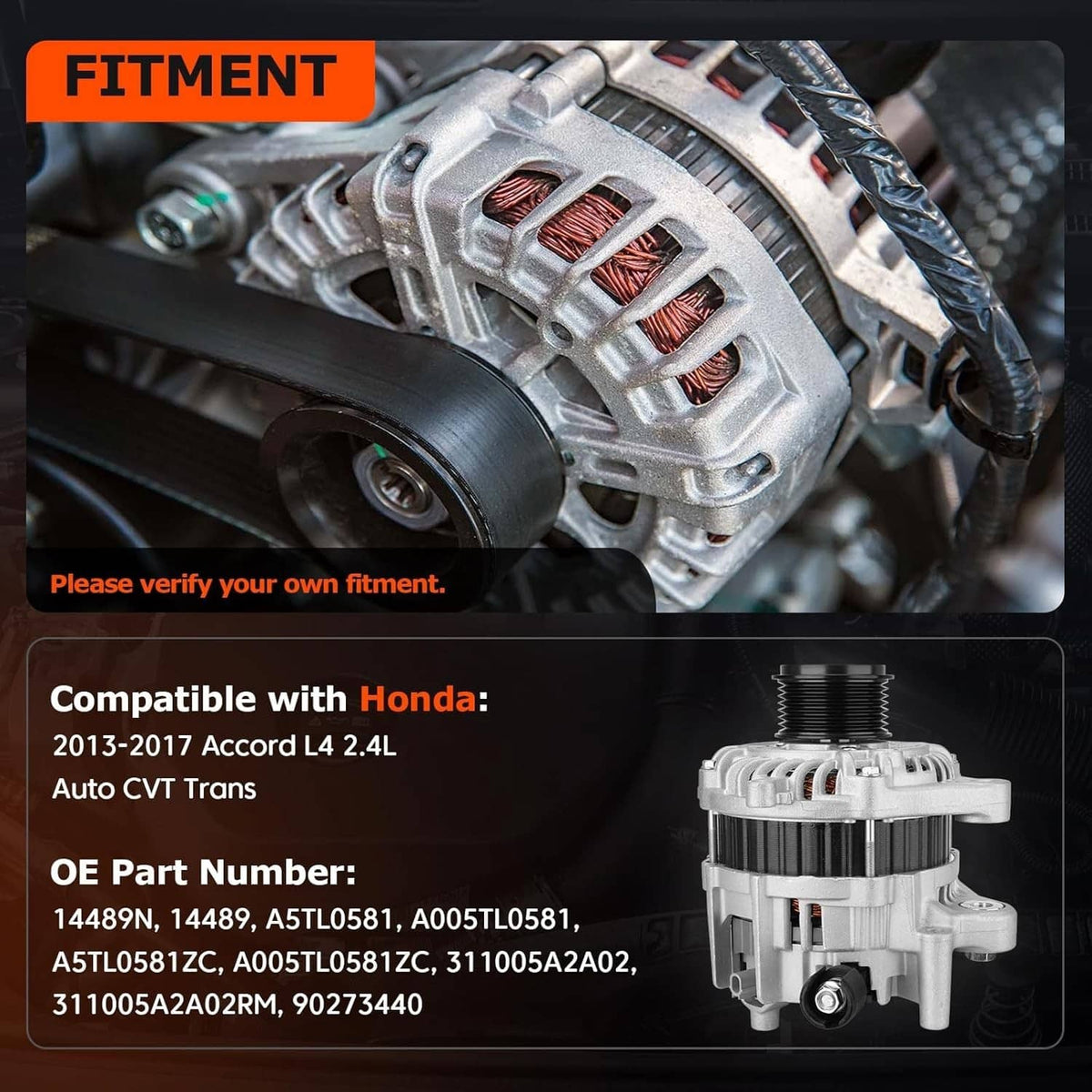 Bethesda Industrial Alternator For 2013 2014 2015 2016 2017 Honda Accord L4 2.4L #311005A2A02