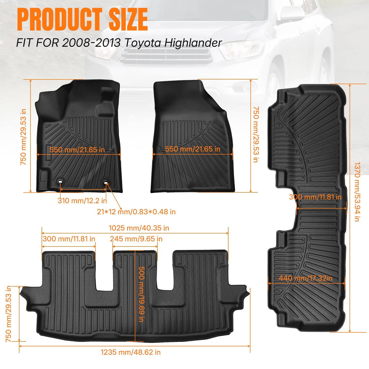 Bethesda Industrial Floor Mats for Toyota Highlander 2008-2013 1st & 2nd & 3rd Row Floor Liners New