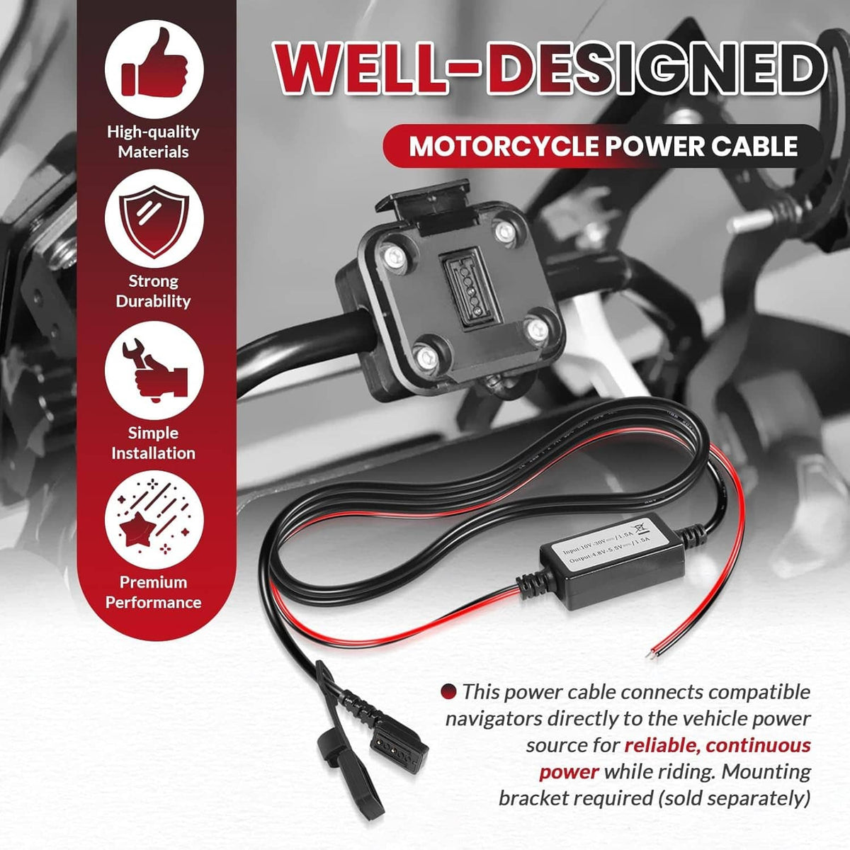 Bethesda Industrial 010-12953-03 Motorcycle Power Cable for Garmin Tread and zūmo XT Navigators 5.5"