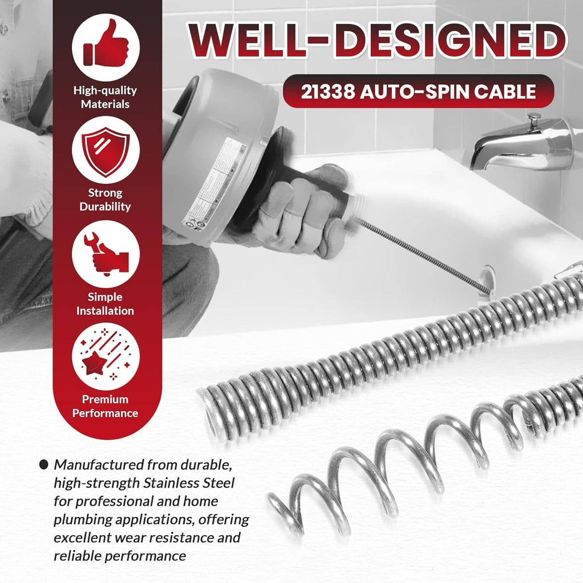 Bethesda Industrial 21338 Auto-Spin Replacement Drain Cable 1/4” x 30 ft Fit for RIDGID K-45