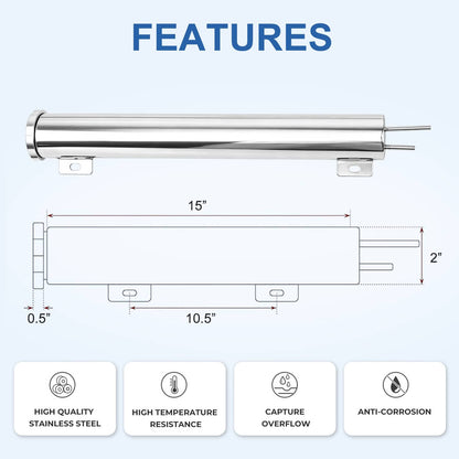 Bethesda Industrial 2" X 15" Polished Stainless Steel 24 Oz Radiator Dr Overflow Tank Bottle New