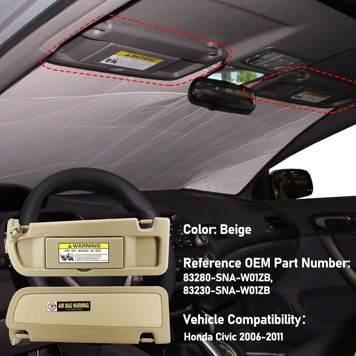 Bethesda Industrial 2Pcs Beige Sun Visor Left & Right Visor Kit For 2006-2011 Honda Civic Visors