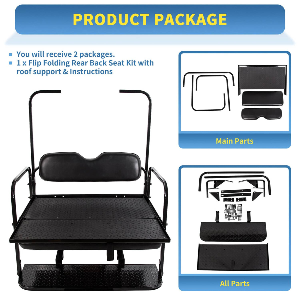 Bethesda Industrial Flip Folding Rear Seat Cushions Pad w/Roof Support For EZGO TXT 1995+ Golf Cart