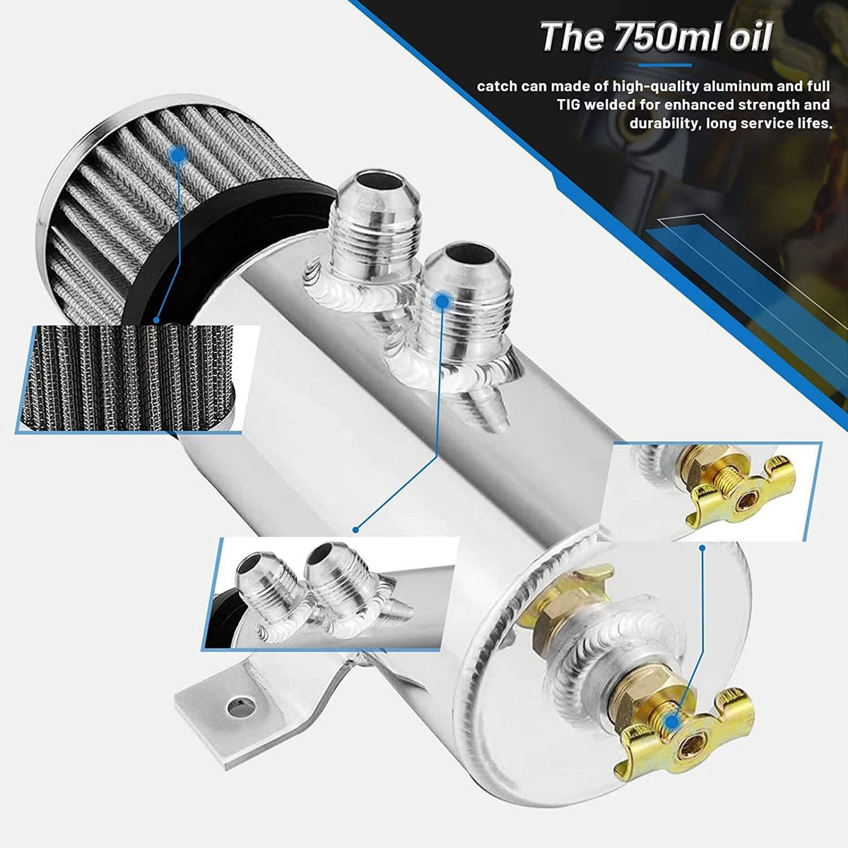 Bethesda Industrial 750ml 10AN Oil Catch Can Reservoir Tank & Breather Filter Baffled Kit Aluminum