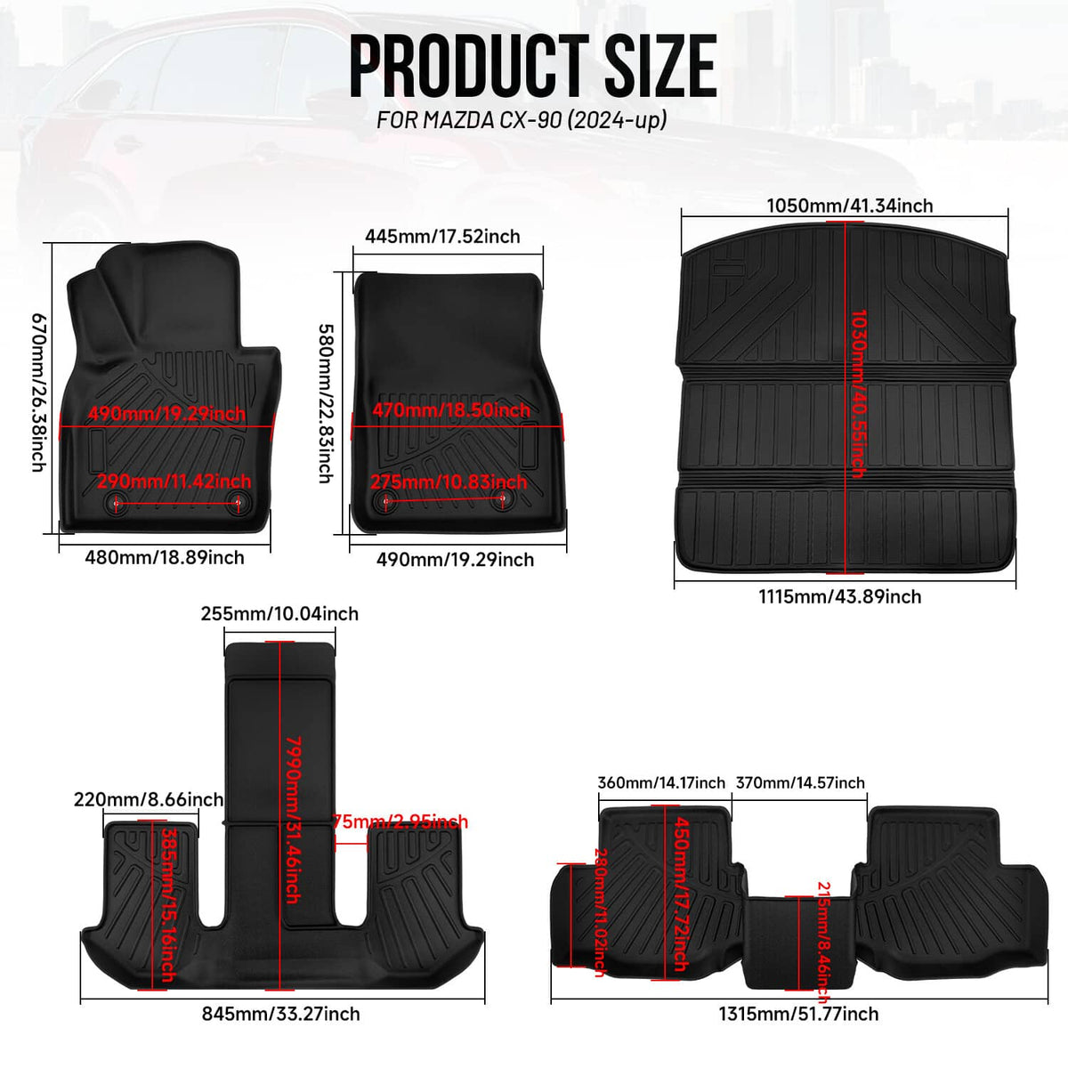 Bethesda Industrial For Mazda CX-90 CX90 2024 2025 TPE 1st & 2nd & 3rd Row Floor Mats Cargo Liners