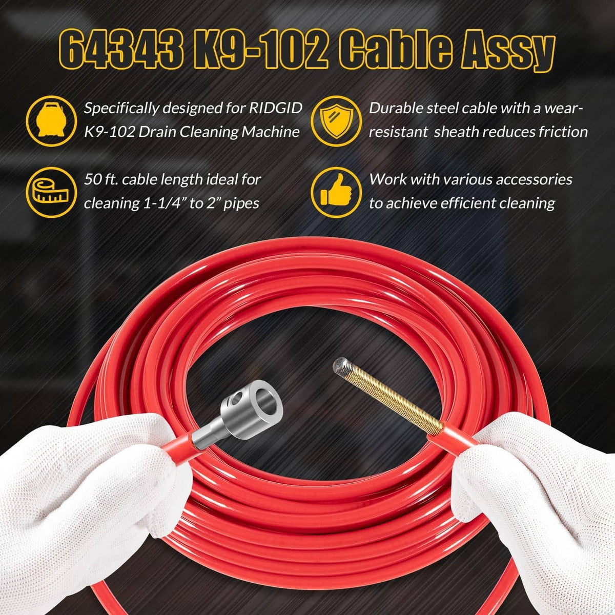 Bethesda Industrial Replace for FlexShaft Cable Assembly 64343 K9-102, 50ft, for 1-1/4” to 2” Pipes