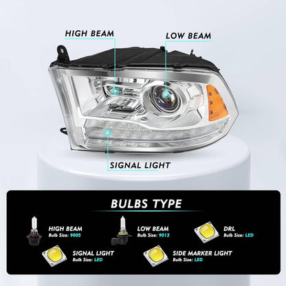 Bethesda Industrial For 2009-2018 Dodge Ram 1500 2500 3500 Pickup w/LED Projector Chrome Headlights