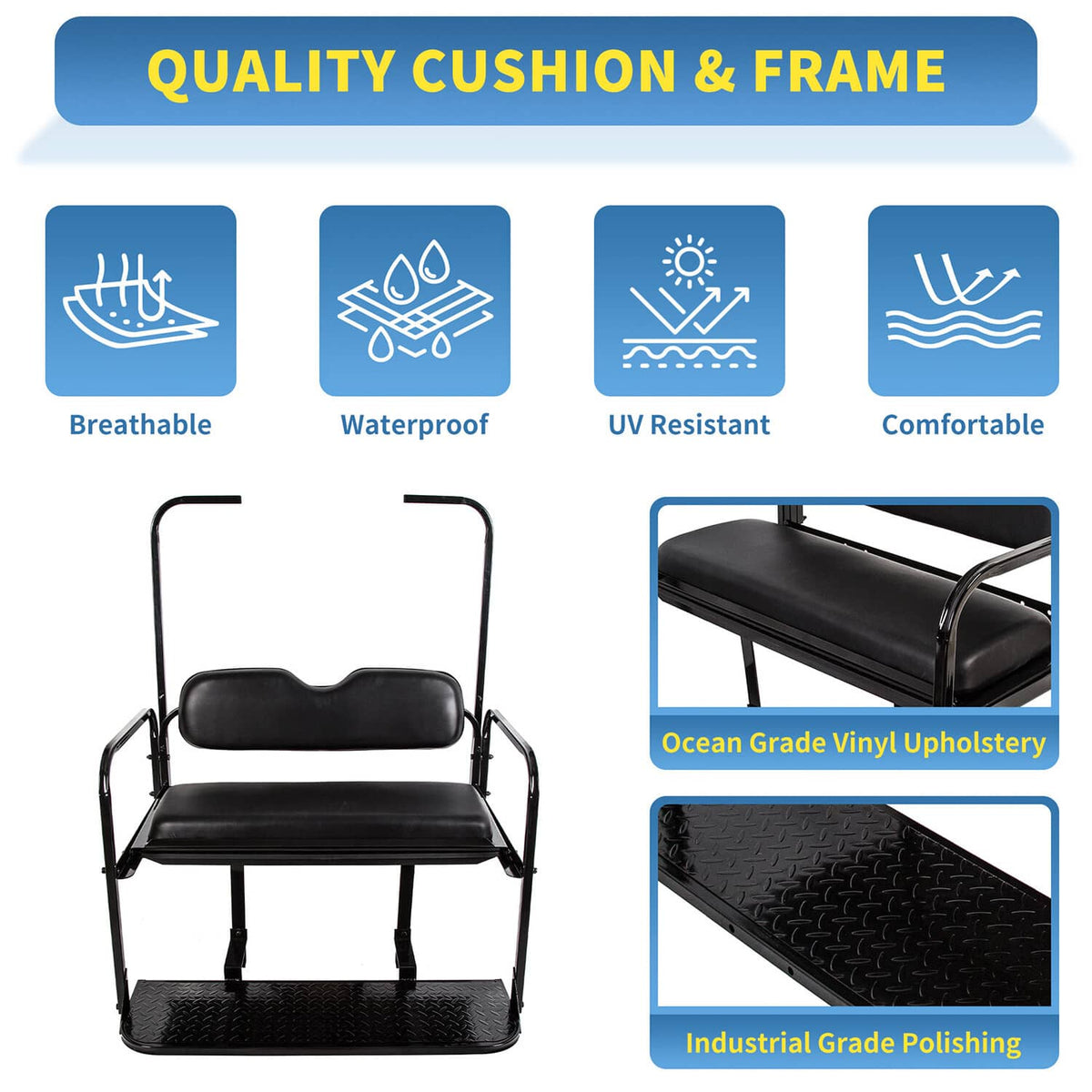 Bethesda Industrial Flip Folding Rear Seat Cushions Pad w/Roof Support For EZGO TXT 1995+ Golf Cart
