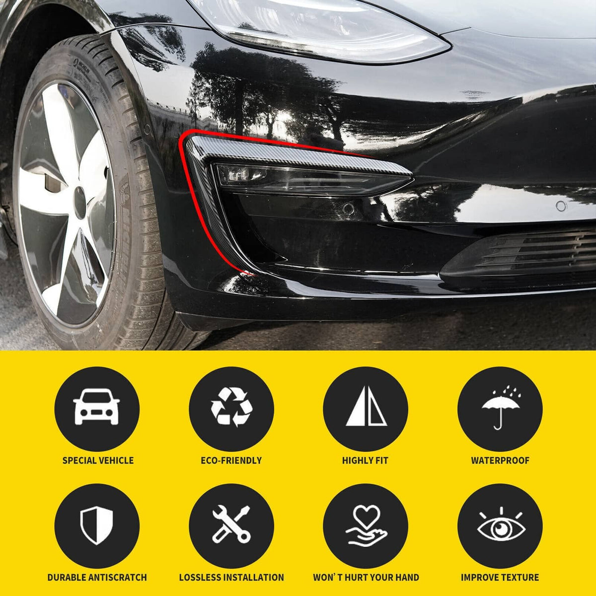 Bethesda Industrial Front Fog Light Eyebrow Cover Trim Carbon Fiber Style For 2017+ U8 Tesla Model 3