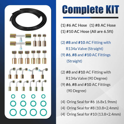 Bethesda Industrial Air Conditioning Hose & Fitting Kit Includes 6.5ft #6#8#10 AC Hoses and Fittings