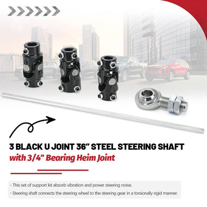 Bethesda Industrial Steering Box U Joint 36" Steel Steering Shaft + 3/4" Support Bearing GM - Black
