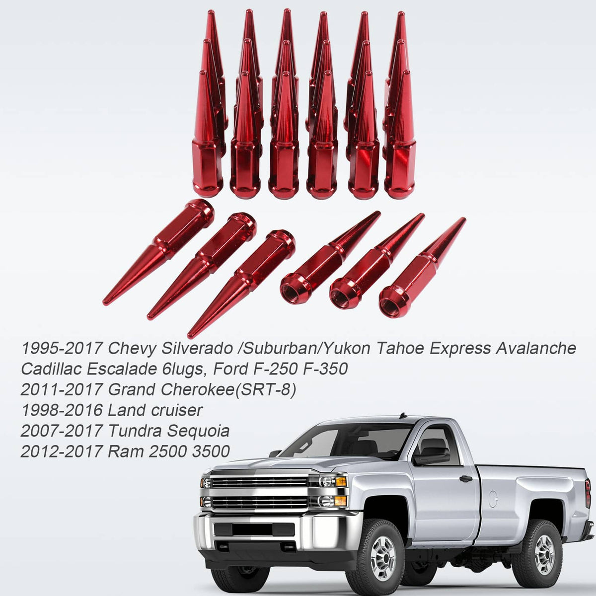 Bethesda Industrial 24 PCS Spike Lug Nuts 14x1.5 Red For Chevy Silverado Tahoe 4.4" Tall W/ Key