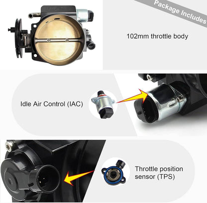 Bethesda Industrial Black 102mm Throttle Body w/Throttle Cable & TPS IAC For GM Gen III LS1 LS2 LS6