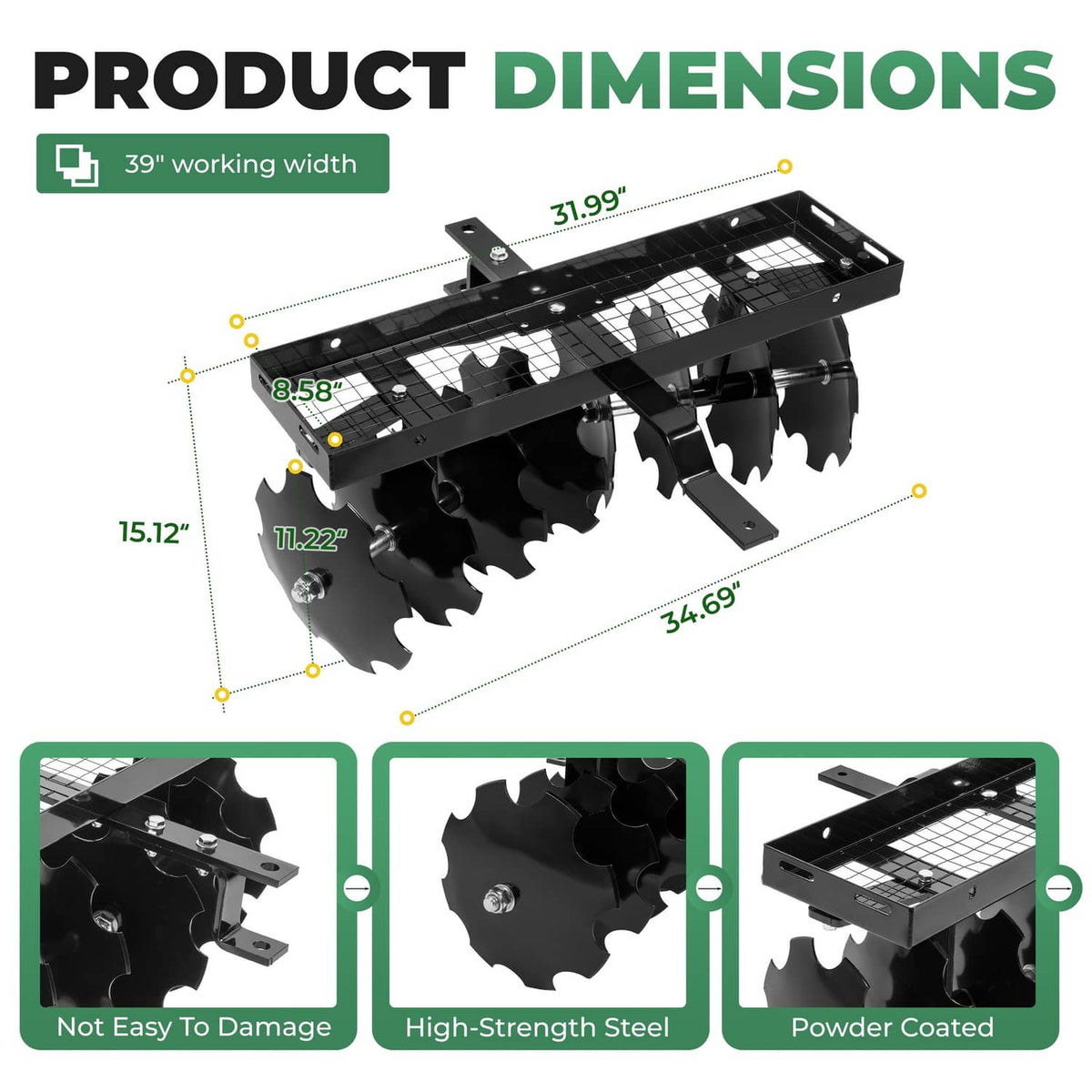 Bethesda Industrial Rear Disc Harrow 11" Steel Tow For Universal Tractor Sleeve Hitch Attachment