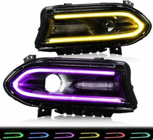 Bethesda Industrial Pair For 2015-2021 Dodge Charger LED Projector Headlights RGB Color Change Lamps