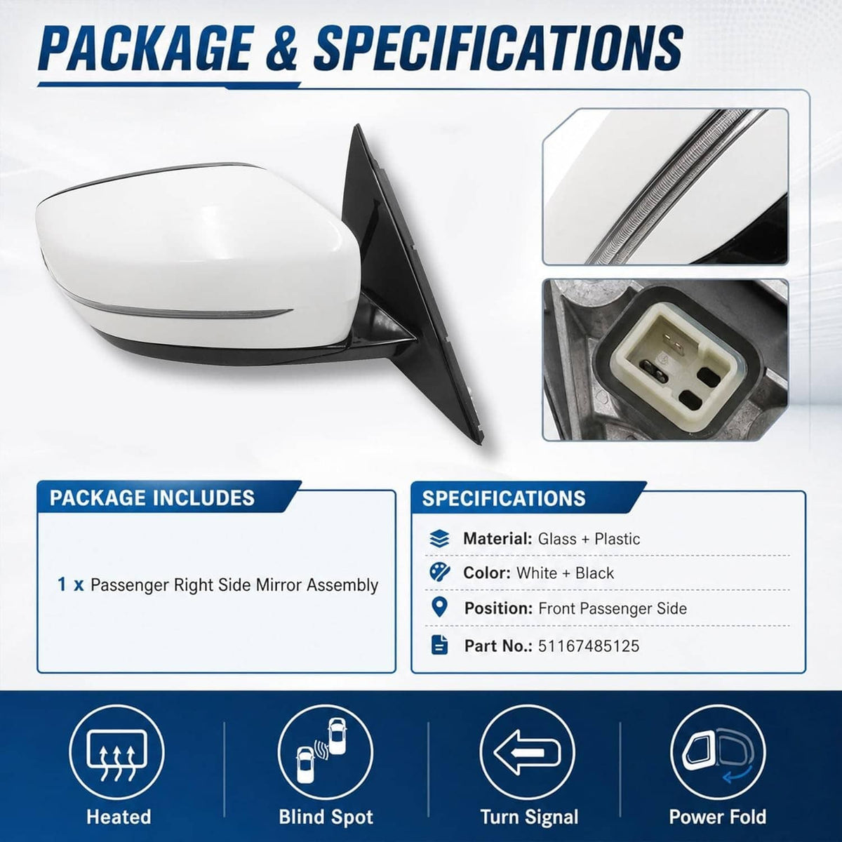 Bethesda Industrial Passenger Side Mirror w/Blind Spot White For 2019-2023 BMW 320i 330i 330e