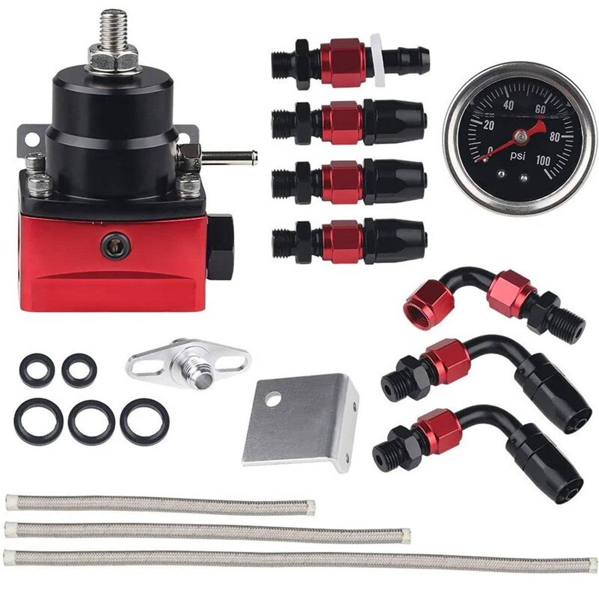 Bethesda Industrial Black-Red Adjustable Fuel Pressure Regulator Kit Oil 0-100psi Gauge -6AN 6AN