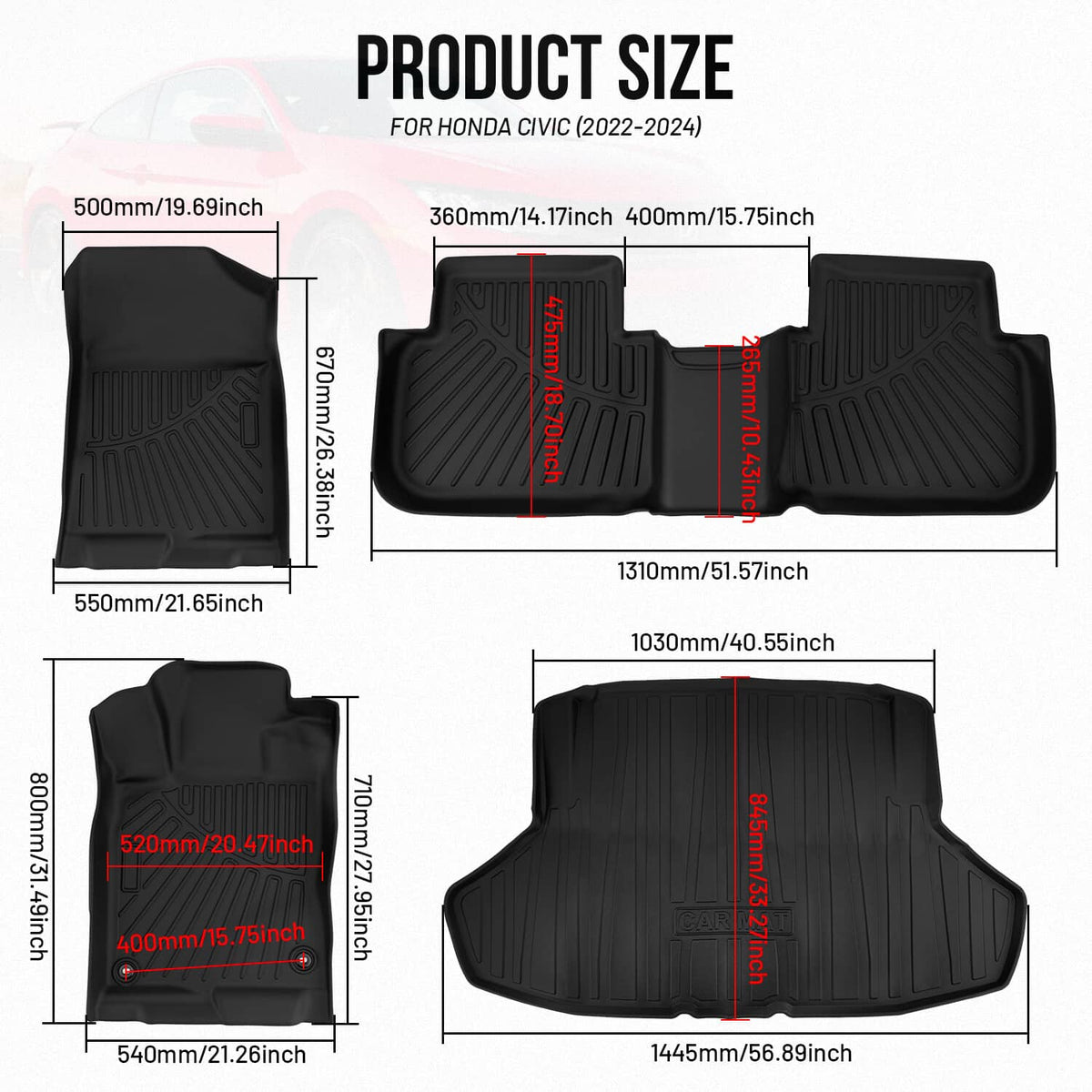 Bethesda Industrial 3D Molded Floor Mats & Cargo Liner For Honda Civic Sedan 2022-2025 All Weather