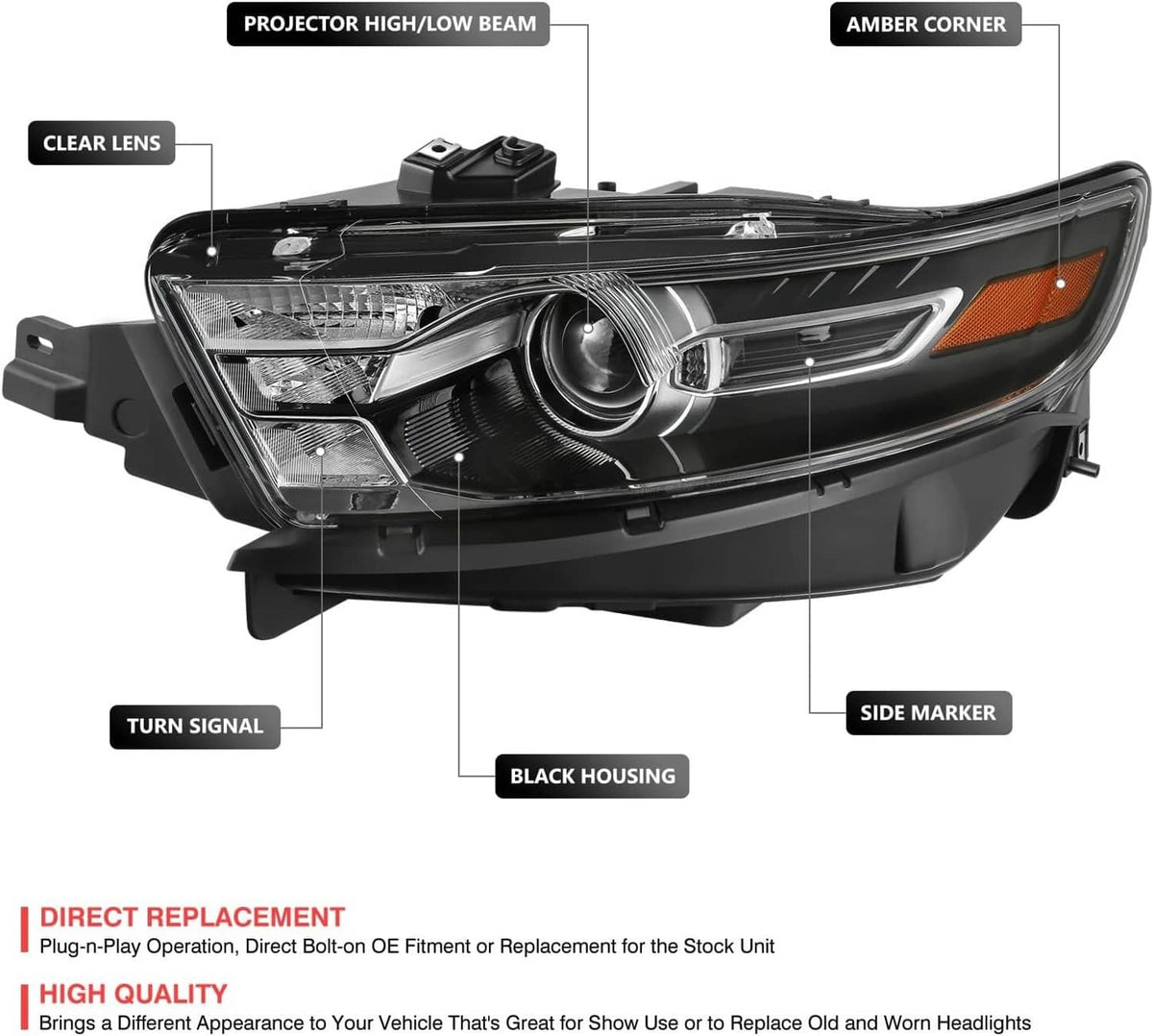 Bethesda Industrial Black Pair Housing Amber Corner Projector Headlight For 2013-2019 Ford Taurus