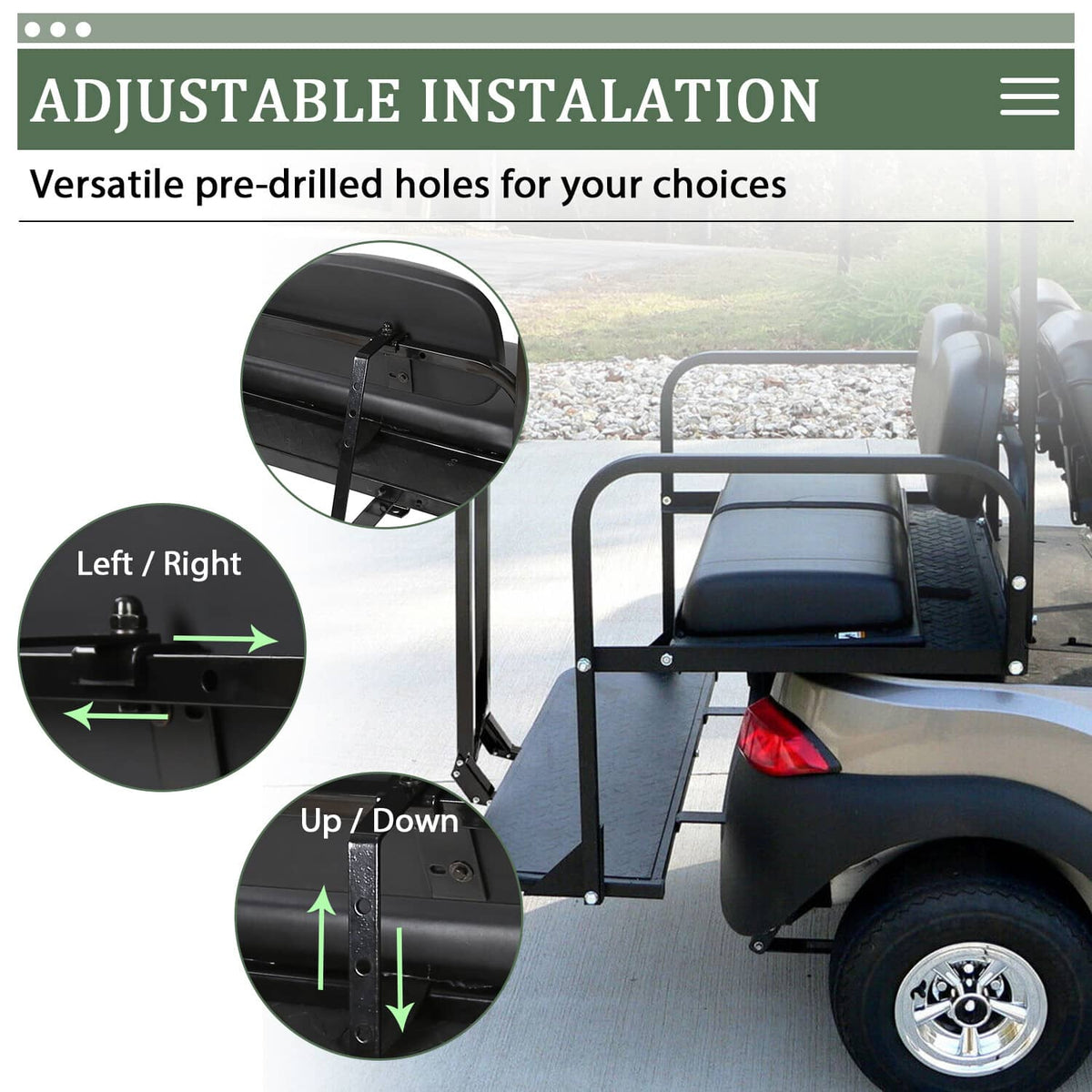 Bethesda Industrial Golf Cart Flip Rear Back Seat Kit Black Cushion For Club Car DS 00-13 w/Grab Bar