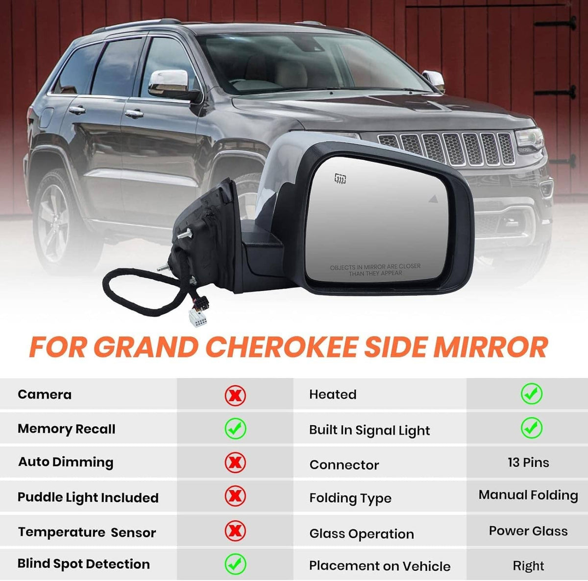 Bethesda Industrial Left Side Manual Fold Mirror Blind Spot For 11-22 Jeep Grand Cherokee 68236930AF