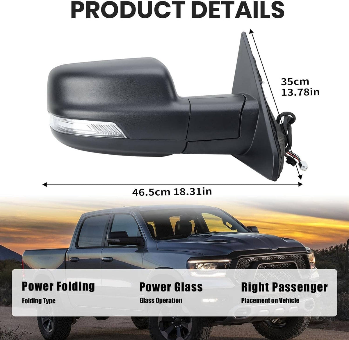 Bethesda Industrial Right Heated Mirror w/Power Fold Signal Light For 2019-2024 Ram 1500 68276500AH