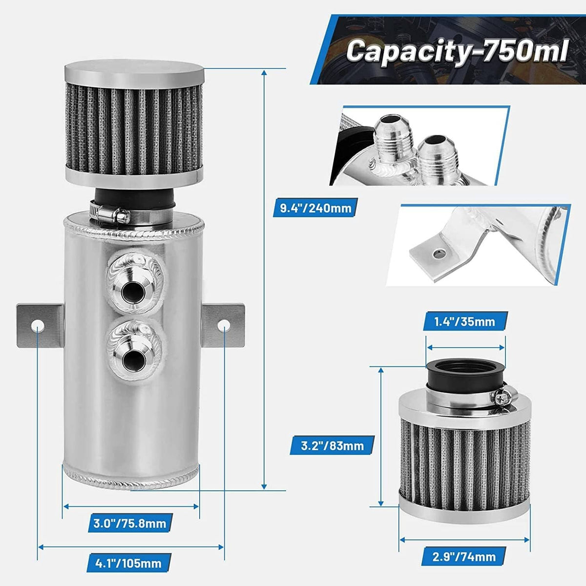 Bethesda Industrial 750ml 10AN Oil Catch Can Reservoir Tank & Breather Filter Baffled Kit Aluminum