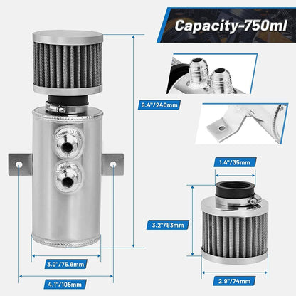 Bethesda Industrial 750ml 10AN Oil Catch Can Reservoir Tank & Breather Filter Baffled Kit Aluminum