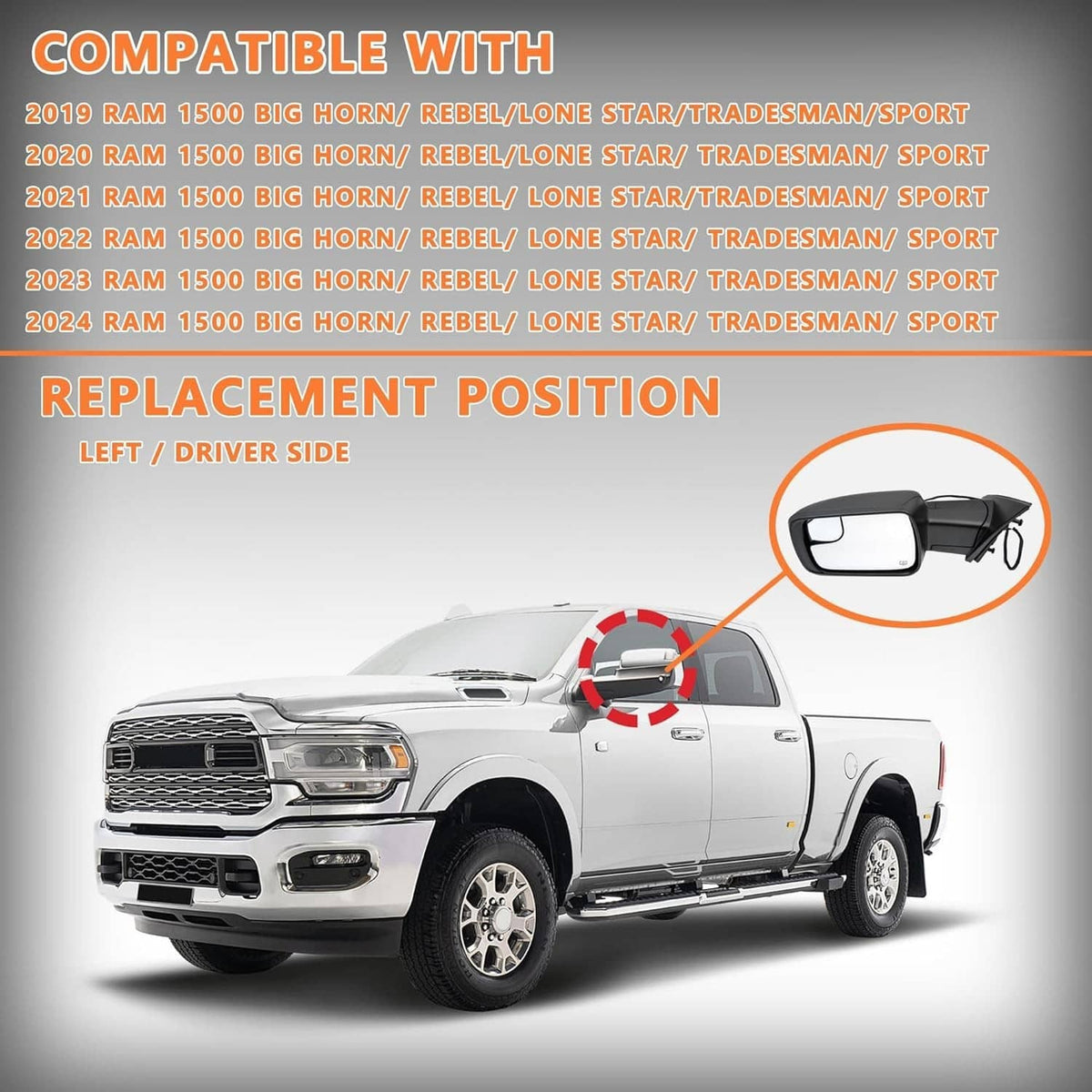 Bethesda Industrial Left Driver Side Mirror Heated Power Folding For 2019-2024 Ram 1500 68462769AB
