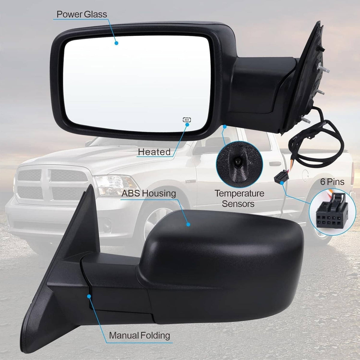 Bethesda Industrial Left / Driver Manual Fold+Heated+Temp Sensor Mirror For 2013-2019 Dodge Ram 1500