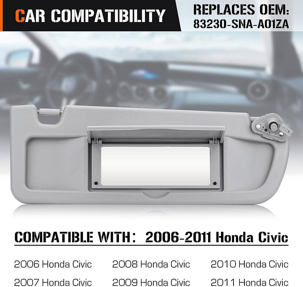 Bethesda Industrial Grey Passenger Side Right Sun Visor For 2006-2011 Honda Civic Sedan/Coupe