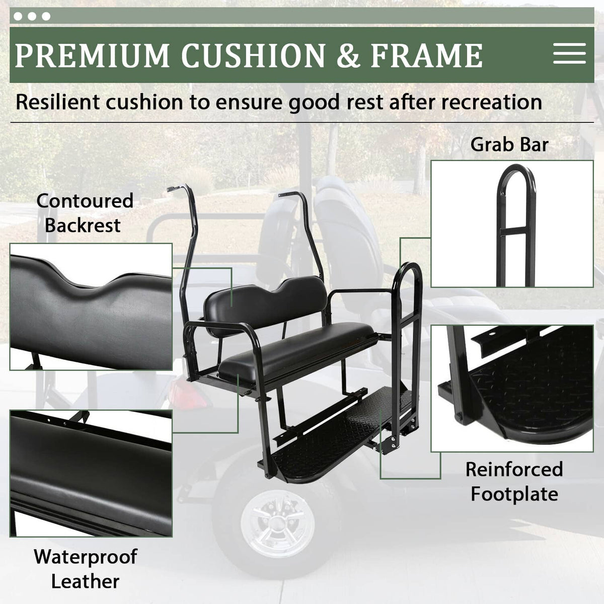 Bethesda Industrial Golf Cart Flip Rear Back Seat Kit Black Cushion For Club Car DS 00-13 w/Grab Bar