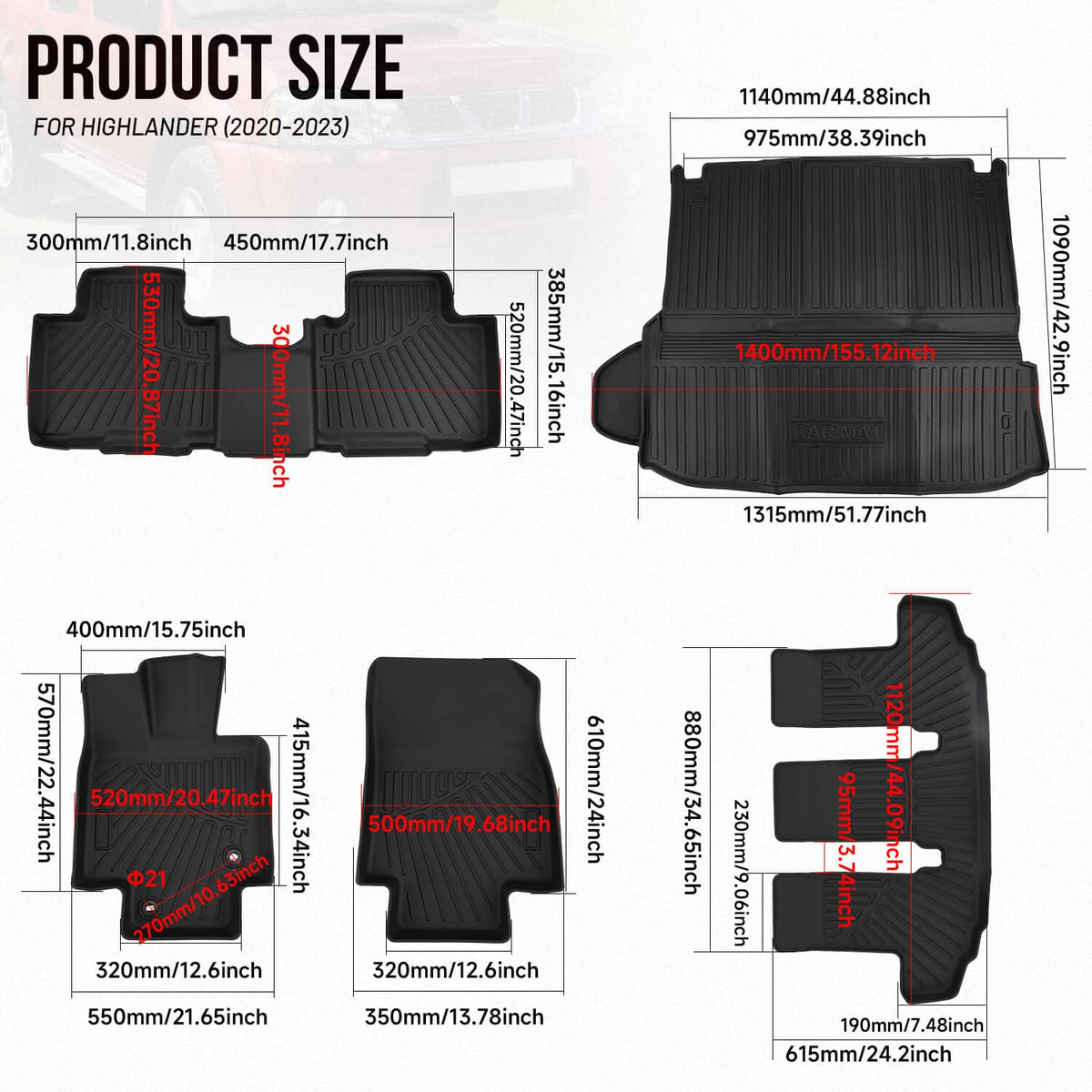 Bethesda Industrial For Toyota Highlander 2020-2025 Cargo Mats Floor Mats Backrest Mat Trunk Liners