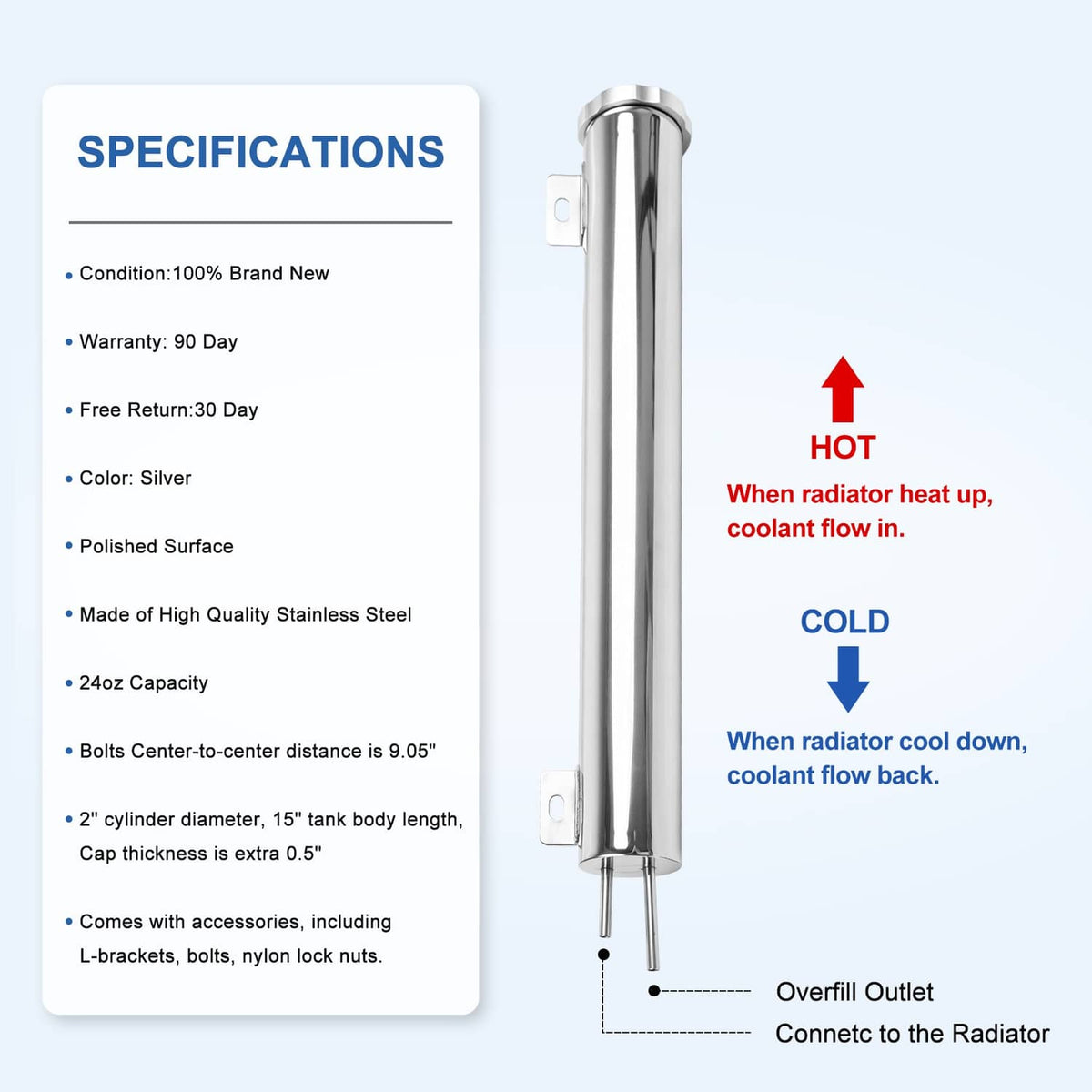 Bethesda Industrial 2" X 15" Polished Stainless Steel 24 Oz Radiator Dr Overflow Tank Bottle New