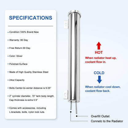 Bethesda Industrial 2" X 15" Polished Stainless Steel 24 Oz Radiator Dr Overflow Tank Bottle New