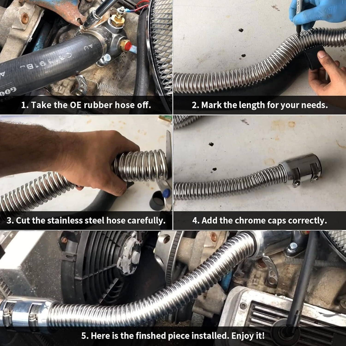 Bethesda Industrial Universal 48" Stainless Steel Radiator Flexible Coolant Water Hose W/ Caps Kit