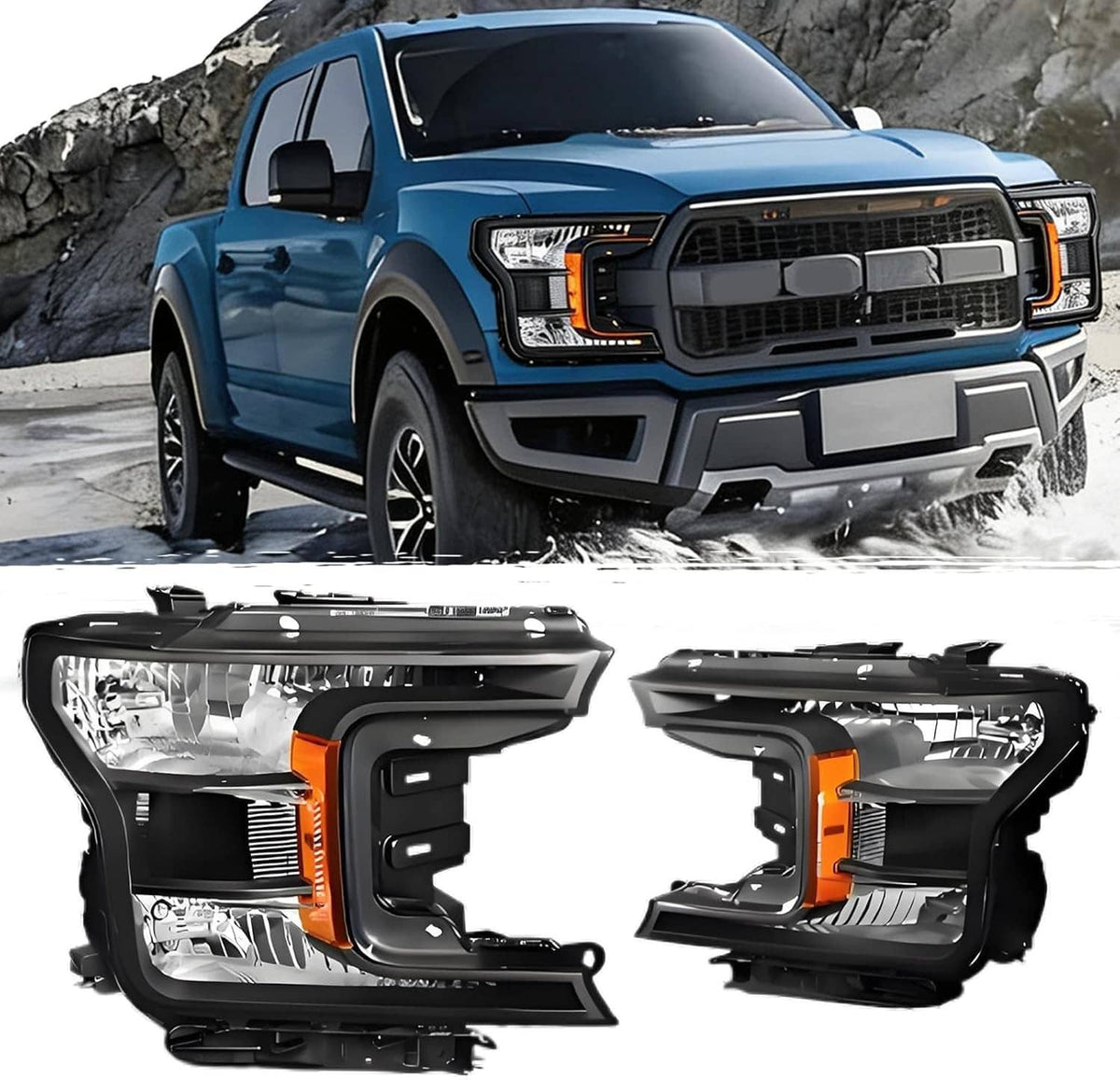 Bethesda Industrial Headlights For 2018-2020 Ford F150 Halogen Headlamps Black Clear  Right+Left