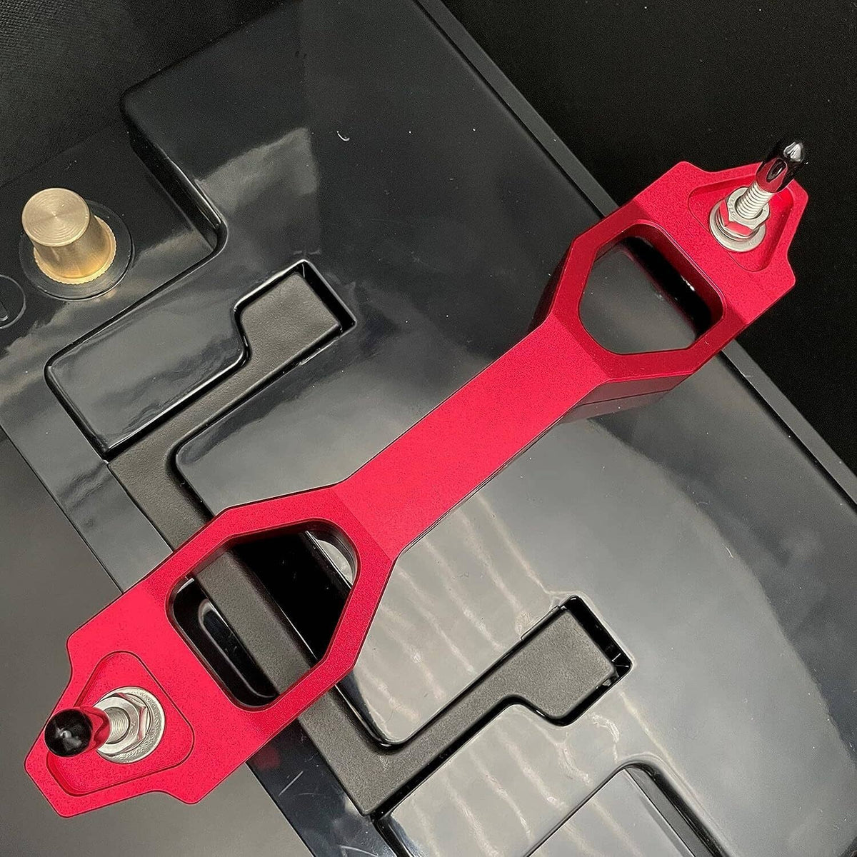 Bethesda Industrial Red Aluminum Car Battery Tie Down Mount Bracket Brace Bar & 10 Inch J-Bolts