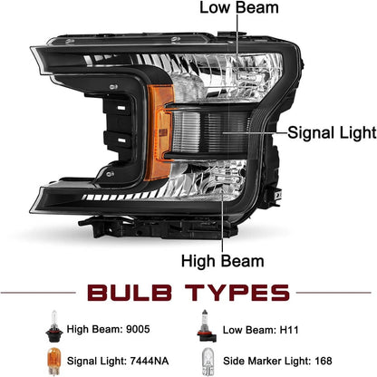 Bethesda Industrial Headlights For 2018-2020 Ford F150 Halogen Headlamps Black Clear  Right+Left