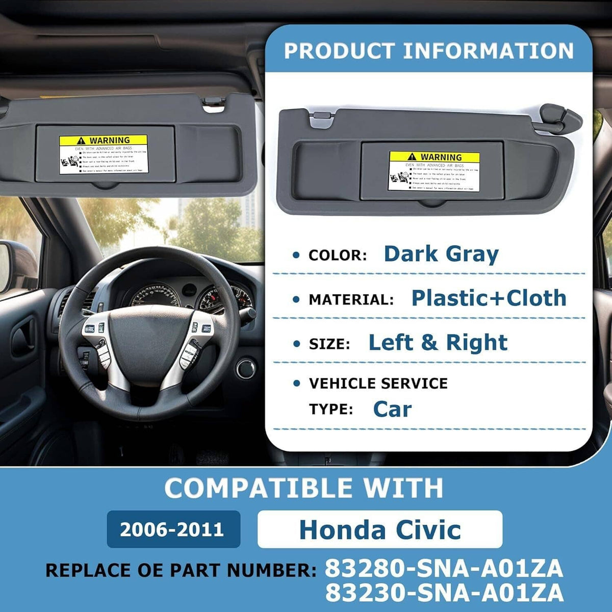 Bethesda Industrial 2Pcs Sun Visor Dark Gray Left & Right Visor Set For 2006-2011 Honda Civic Visors