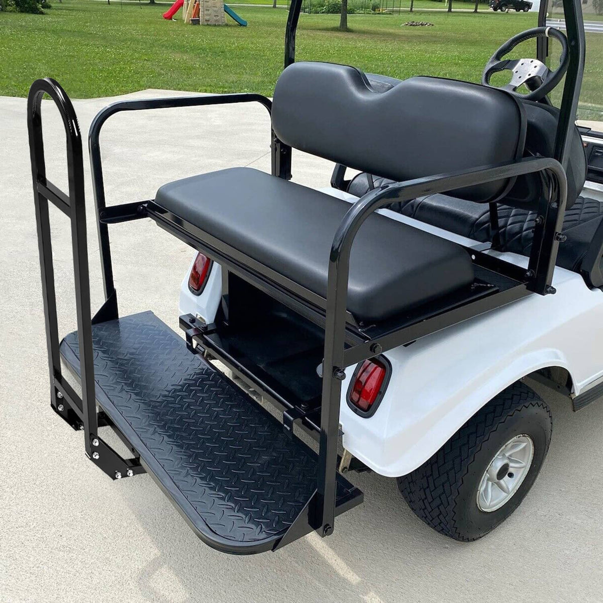 Bethesda Industrial Golf Cart Flip Rear Back Seat Kit Black Cushion For Club Car DS 00-13 w/Grab Bar