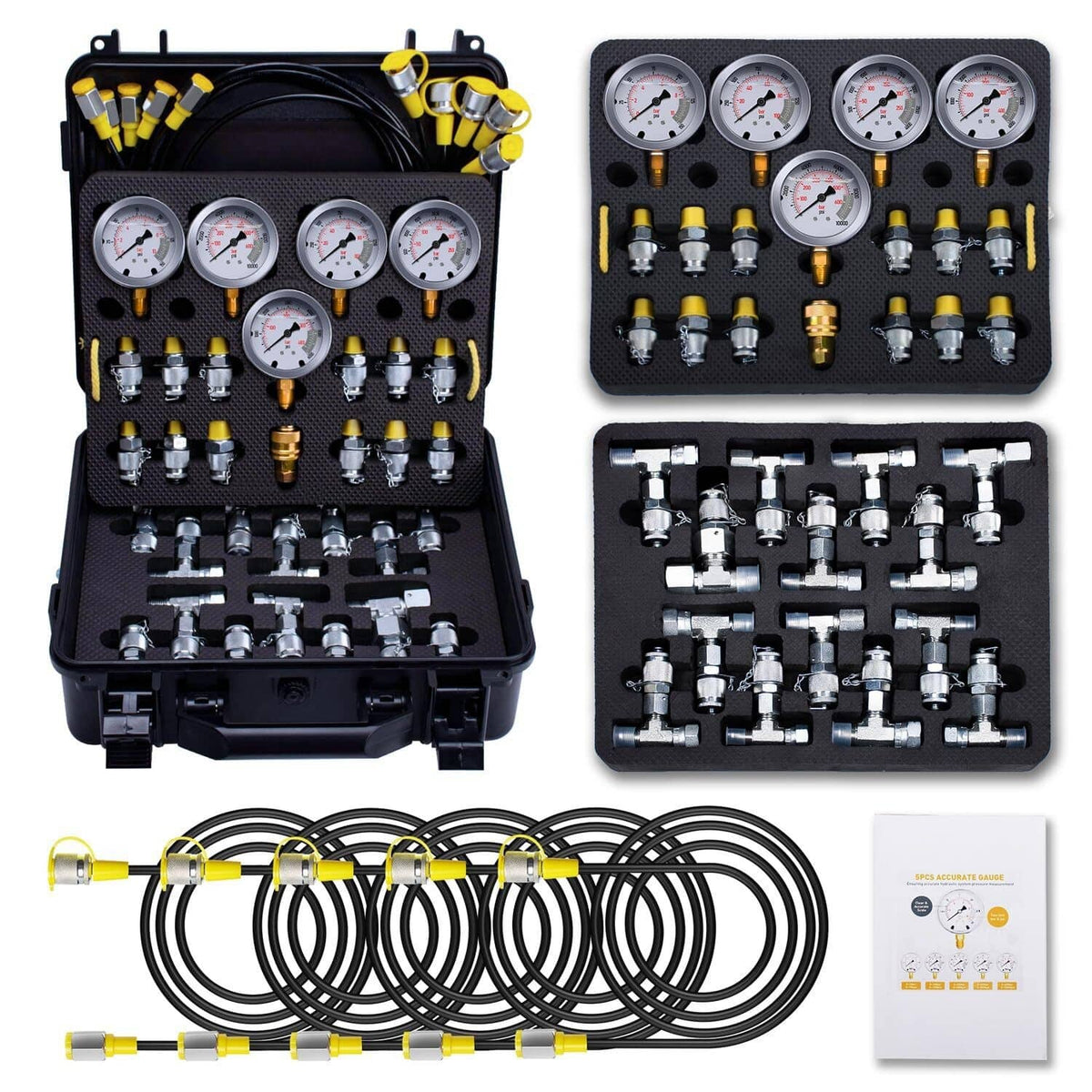 Bethesda Industrial 60Mpa Hydraulic Pressure Test Kit 5 Gauges 13 Couplings 14 Tee Connectors 5 Hose