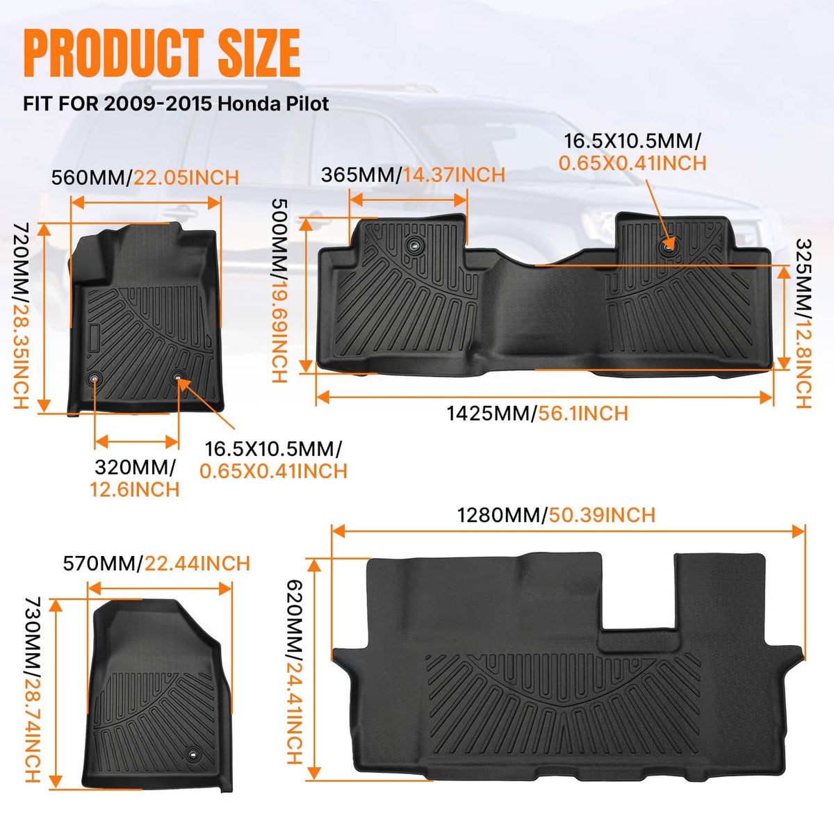 Bethesda Industrial Front & 2nd & 3rd Row TPE Floor Mats Liners Set For 2009-2015 Honda Pilot 4-Door
