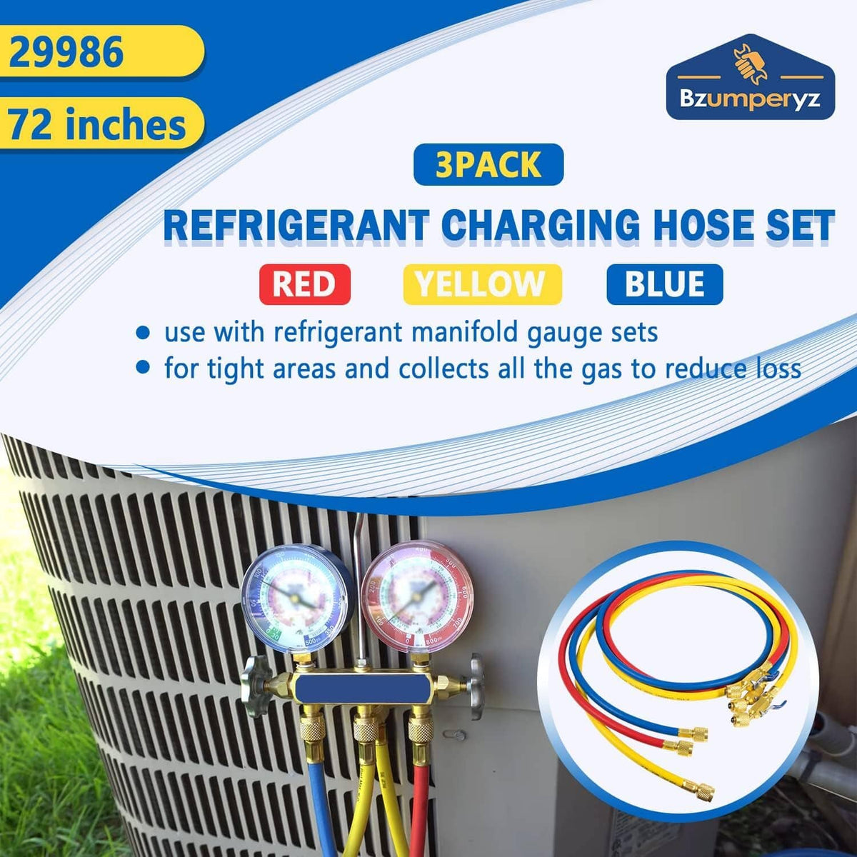 Bethesda Industrial 29986 Plus II 72" Hose 1/4" Compact Ball Valve End Refrigerant Charging Hose