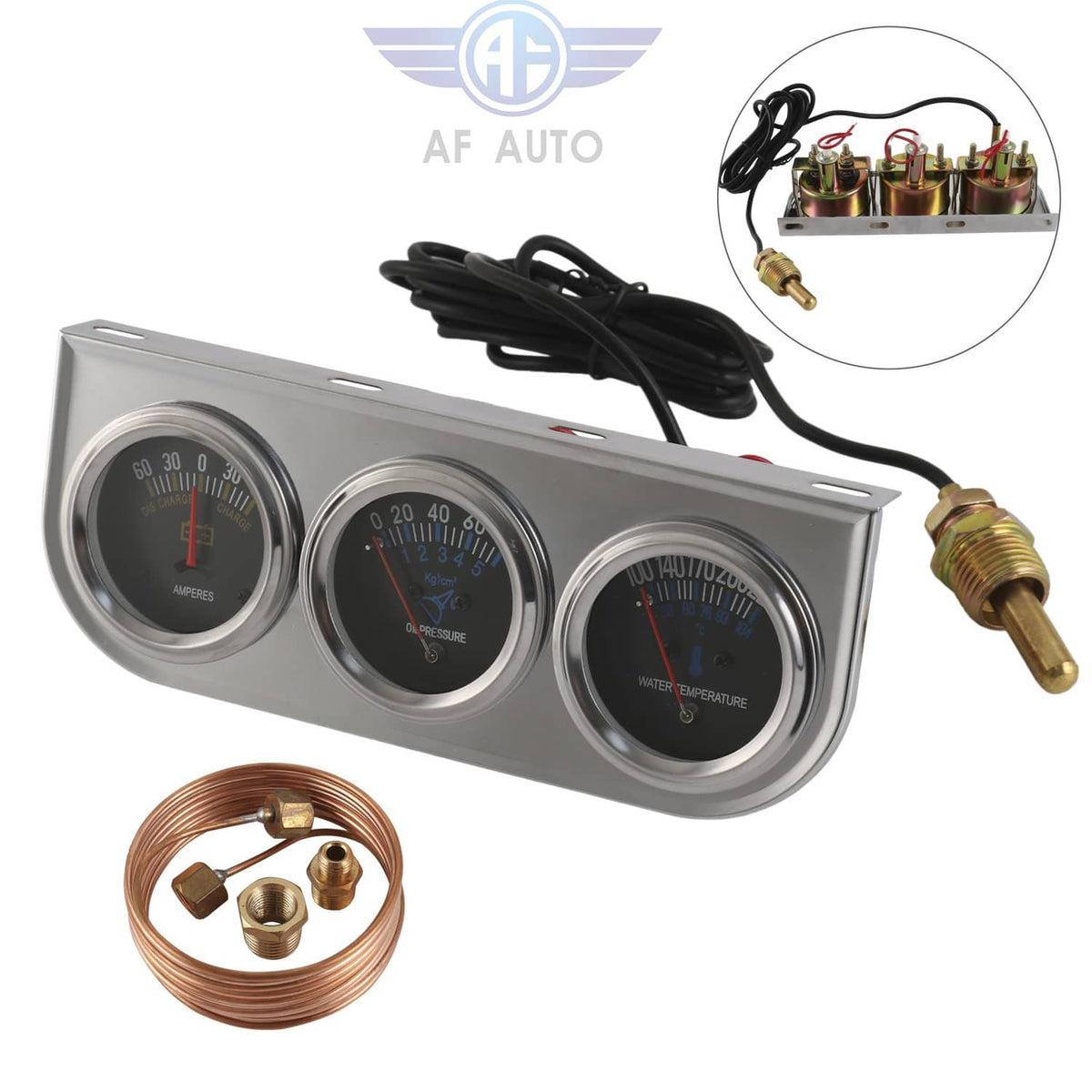 Bethesda Industrial 2" 52mm Chrome Car Triple Gauge Set Kit AMP Meter Water Temp Oil Pressure 3 in 1
